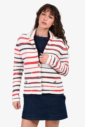 Chanel 2020 White/Red Striped Cashmere Cardigan sz 40
