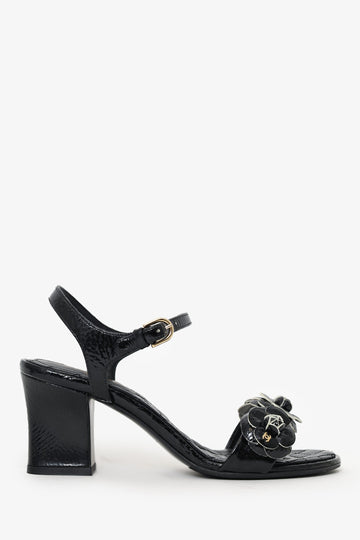 Chanel Black Chevre Craquelee Camellia Ankle Strap Sandals Size 37