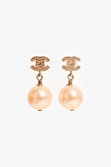 Chanel 2015 Silver Toned Crystal CC Faux Pearl Drop Earrings