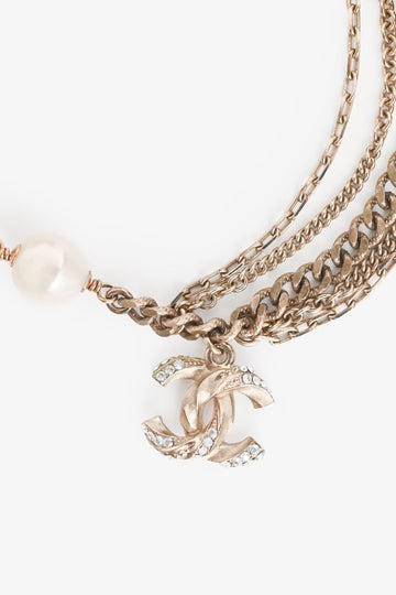 Chanel 2012 Gold Tone Metal/Faux Pearl CC Bracelet