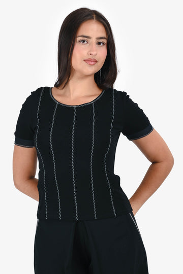 Chanel 2002 Black White Stitched Button Back T-Shirt Size 40