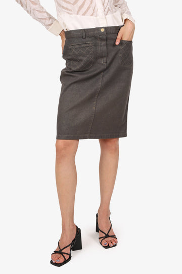 Chanel 05A Grey Denim Quilted Coco Button Midi Skirt Size 36