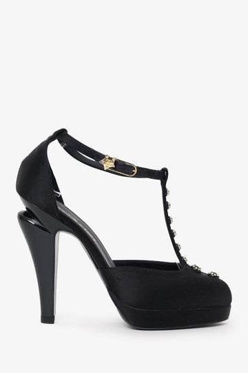 Chanel Black Satin Crystal Star Embellished T-Strap CC Platform Pumps Size 36