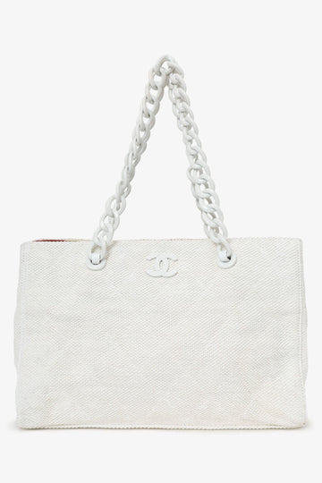 Chanel 2000-02 White Raffia Chain Beach Tote With Pouches