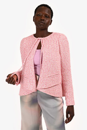Chanel 2025 Pink/White Tweed Neck Tie Pleated Detail Blazer Size 40
