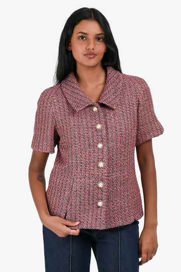 Chanel Pink/Orange Metallic Tweed Short Sleeve Faux Pearl Logo Button Jacket Size 40