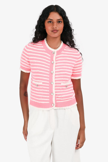 Chanel Pink/White Striped Cotton Knit Short Sleeve CC Button Cardigan Size 36