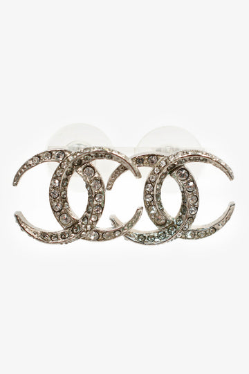 Chanel 2015 Silver Tone Crystal Embellished CC Stud Earrings
