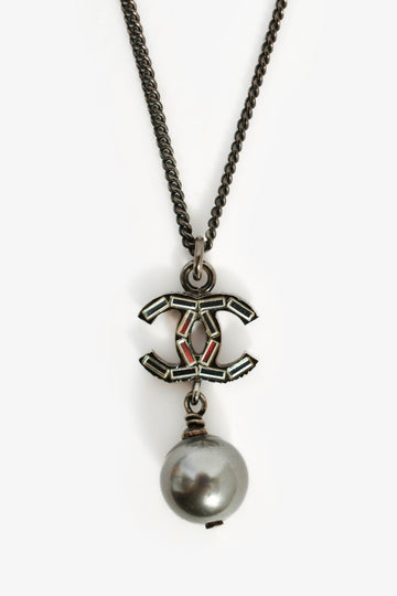 Chanel Black Crystal CC Faux Pearl Necklace