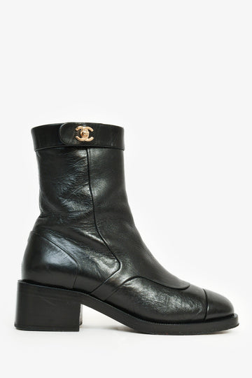 Chanel 2022 Black Calfskin Leather Moto Boots Size 36.5C