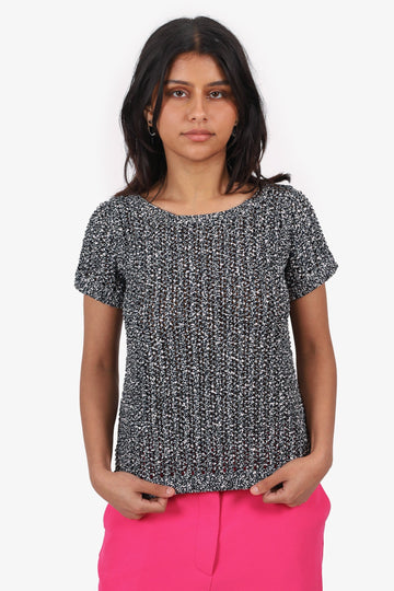 Chanel Black/White Cotton Knitted Short Sleeve Top Size 42