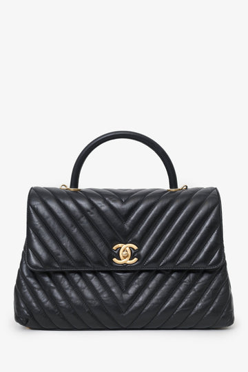 Chanel Black Leather Chevron Coco Top Handle With Strap