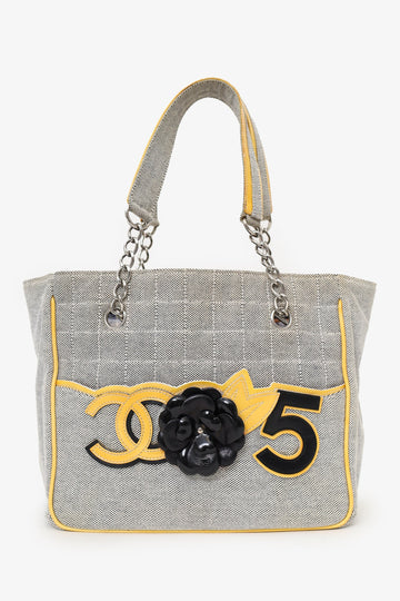 Chanel 2005-06 Yellow/Grey CC Camellia No. 5 Choco Bar Canvas Tote