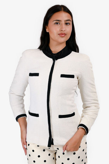 Chanel 1998 Cruise White/Black Cotton Tweed Contrast Jacket Size 36