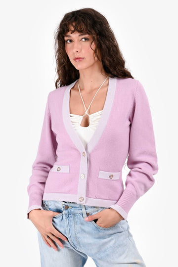 Chanel Spring 2023 Purple Bicolor Cashmere CC Cardigan Size 34