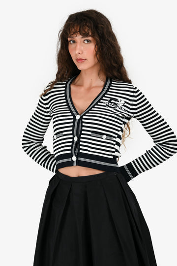 Chanel Cruise 2023 Navy Blue/White Striped Knit Cardigan Size 36
