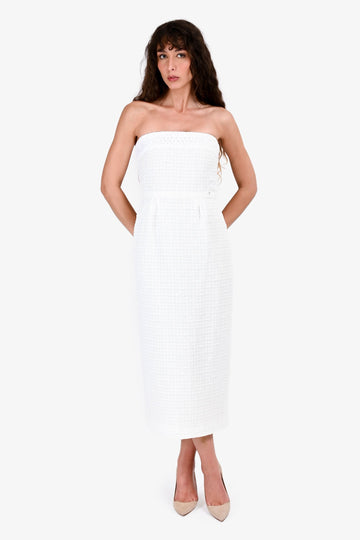 Chanel Cruise 2021 White Tweed Strapless Midi Dress Size 36