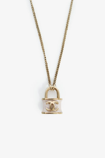 Chanel 2018 Gold Toned CC White Shimmer Lock Pendant Necklace