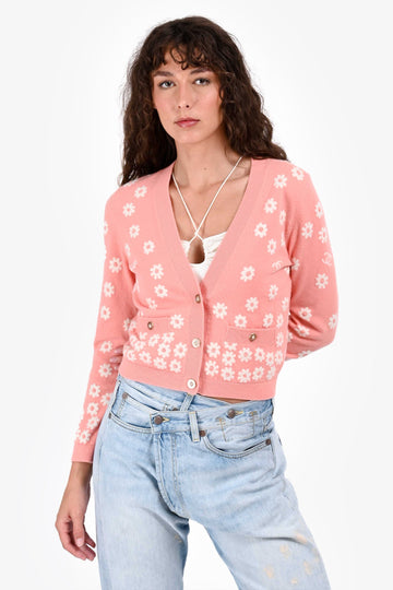 Chanel Spring 2022 Pink/White Floral Printed Cashmere Cardigan Size 34
