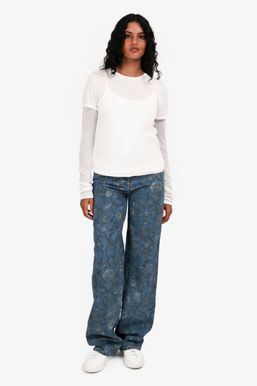 Chanel 2021 Blue Mid Wash Floral Denim Straight Leg Jeans Size 34