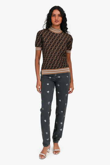 Chanel 2022 Washed Black Metallic CC Tapered Jeans Size 36