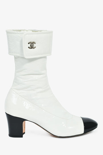 Chanel White Patent Black Cap Toe CC Turnlock Booties Size 39