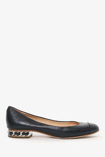 Chanel Black Lambskin Leather Cap-Toe Chain Flats Size 36.5