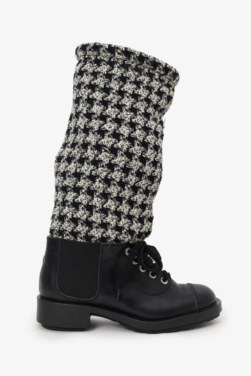 Chanel Black/Off White Leather and Tweed Lace Up Chain Detail Boots Size 36