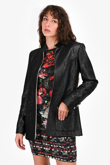 Chanel 2020 Black Metallic Wool Mandarin Collar Blazer Size 38