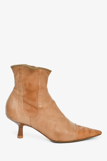 Chanel Brown Leather Logo Cap Toe Kitten Heel Boots Size 37