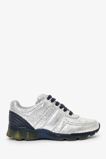 Chanel Silver Metallic Textured Leather CC Low Top Sneaker Size 37