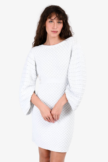 Chanel Light Blue Knit Scalloped Long Sleeved Mini Dress Size 38