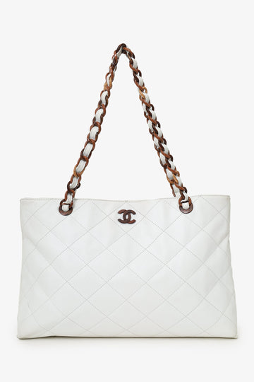 Chanel 2000-02 White Caviar Quilted CC Wood Chain Tote