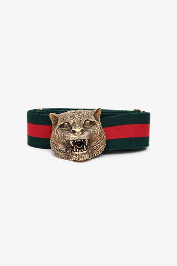 Gucci Canvas Red/Green Web Gold Tiger Buckle Belt Size 85/34