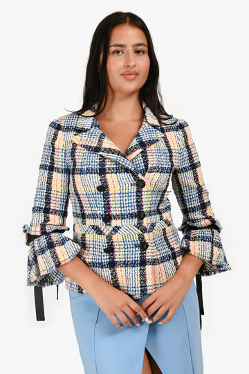 Chanel 2009 Blue Wool Blend Tweed Blazer with Tie Sleeve Cuff Size 40
