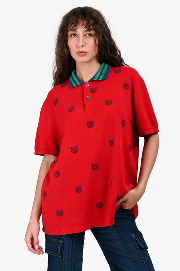 Gucci Red Blue/Green Lapel Tiger Print Short Sleeves Top Size XL Mens