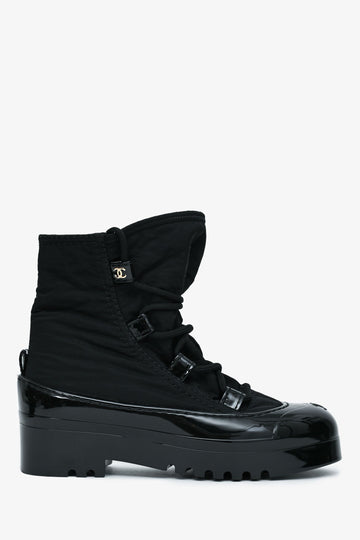 Chanel Black Patent Leather/Nylon Lace-Up Boots Size 38