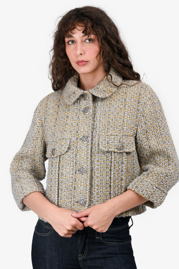 Chanel Grey/Green Tweed 3/4 Sleeve Cropped Blazer Size 38