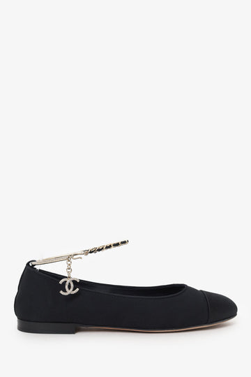 Chanel Black Cap Toe Ankle 'CC' Chain Strap Ballet Flats Size 37