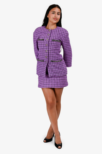 Chanel 2022 Purple/Black Plaid Cotton Tweed Crystal CC Button Jacket + Skirt Set Size 34
