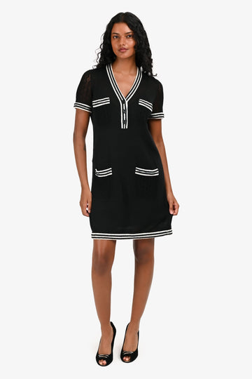 Chanel Cotton Black Knit White Detail Pocket Mini Dress Size 36
