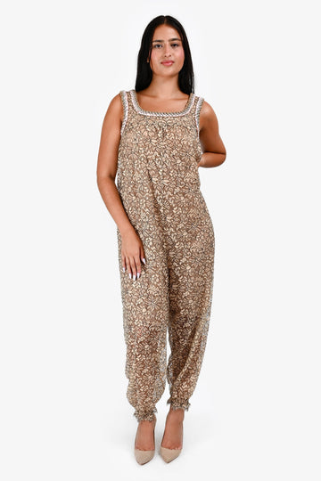 Chanel Beige Lace Pink Trimmed Pant Jumpsuit with Slip Size 38