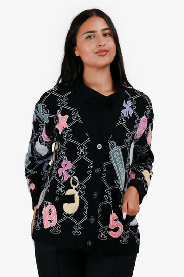Chanel 2022 Black Cashmere Logo Graphic Cardigan Size 38