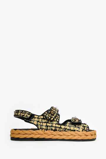Chanel Black/Yellow Tweed CC Braided Dad Sandals Size 37