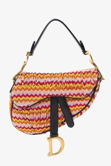Christian Dior 2018 Multicolour Embroidered Fringe Beaded Mini Saddle Bag With Canvas Strap