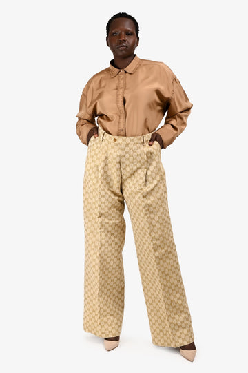 Gucci Beige GG Monogram Linen/Cotton Wide Leg Trousers Size 48