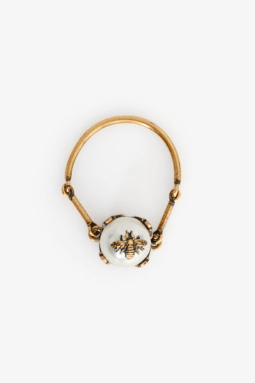 Christian Dior Antique Gold Toned Metal Faux Pearl Ring Size M