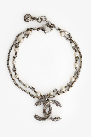 Chanel 2013 Silver Toned Faux Pearl Stationed CC Bracelet