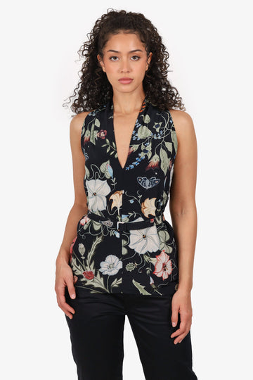 Gucci Black Silk Floral Print Belted Sleeveless Blouse Size 42