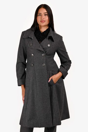 Chanel 2018 Grey Wool Pinstripe Trench Coat Size 38